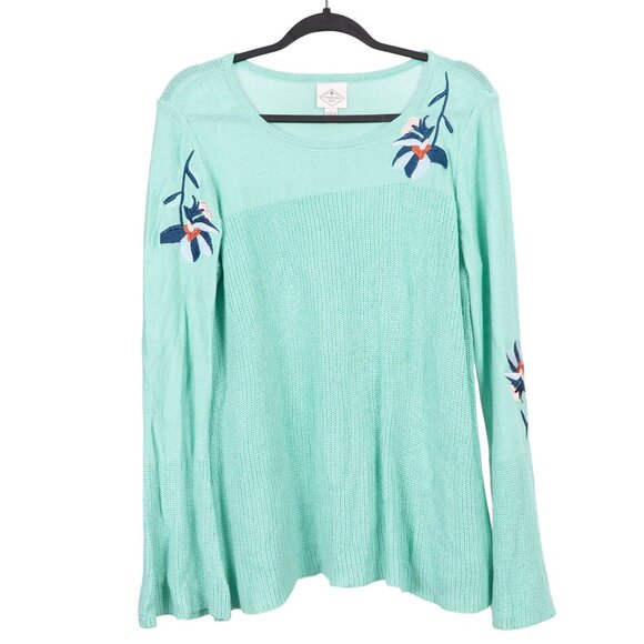 St Johns Bay Sweater Womens L NWOT Mint Green Knit Floral Embroidery Bell Sleeve - Picture 1 of 6